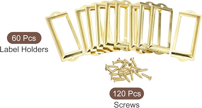 uxcell Metal Label Holders, 82x30mm 60pcs File Name Card Tag Label Holder Frame for Office Library Drawer Cabinet Shelves, Gold Tone