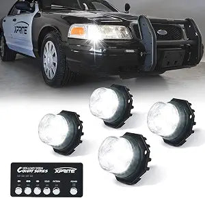 Xprite White LED Hideaway Strobe Lights Kit, 20 Flash Modes w/Control Panel Headlights Taillights Fog Light Interior Mounting for Construction Towing Snow Plow Pickup Work Trucks Cars 4 PCS