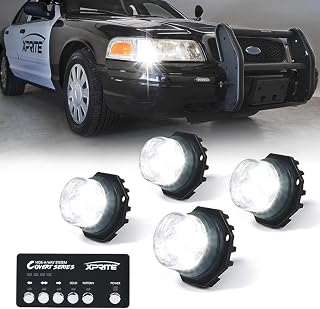 Xprite White LED Hideaway Strobe Lights Kit, 20 Flash Modes w/Control Panel Headlights Taillights Fog Light Interior Mounting for Construction Towing Snow Plow Pickup Work Trucks Cars 4 PCS - Image 1