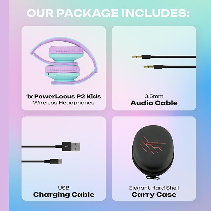 PowerLocus Kids Headphones Over-Ear, Bluetooth Wireless Headphones for Kids,with Microphone, Safe 85DB Volume Limited, Foldable with Carry Case, Audio Cable, Micro SD mode for Online Classes,PC,Phones
