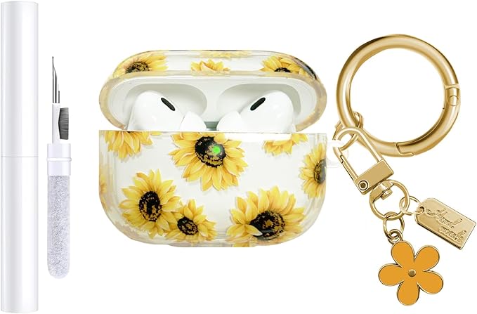 Compatible with AirPods Pro 2 Case Cover 2022, Soft TPU with Cute Flower Pattern for AirPods Pro 2nd/1st Generation Case with Flower Keychain and Carabiner for Girls Women (Yellow)