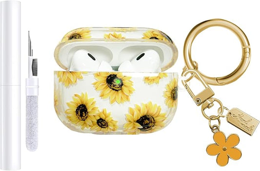 Compatible with AirPods Pro 2 Case Cover 2022, Soft TPU with Cute Flower Pattern for AirPods Pro 2nd/1st Generation Case with Flower Keychain and Carabiner for Girls Women (Yellow)