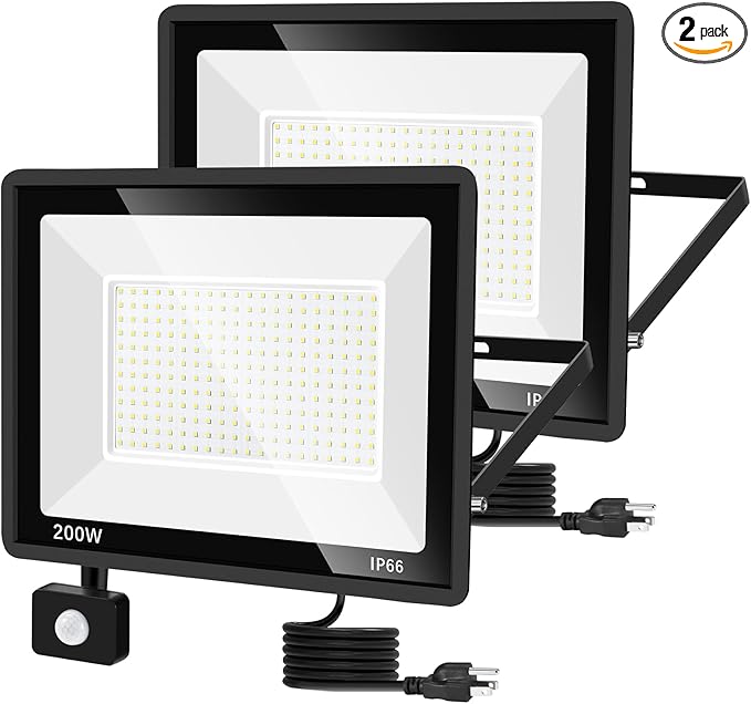 2 Pack 200W LED Motion Sensor Flood Light, Super Bright IP66 Waterproof Outdoor 23000 lumens 5000K Daylight Dusk to Dawn Security Light for Front Porch, Barn