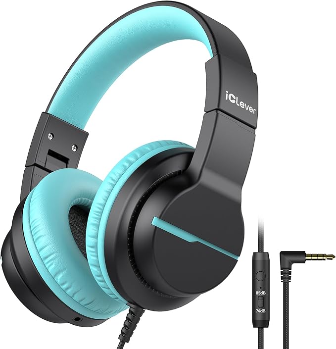 iClever HS19 Kids Headphones with Microphone for School, Volume Limiter 74/85dBA, Over-Ear Girls Boys Headphones for Kids with Shareport, Foldable Wired for iPad/Travel (Black)