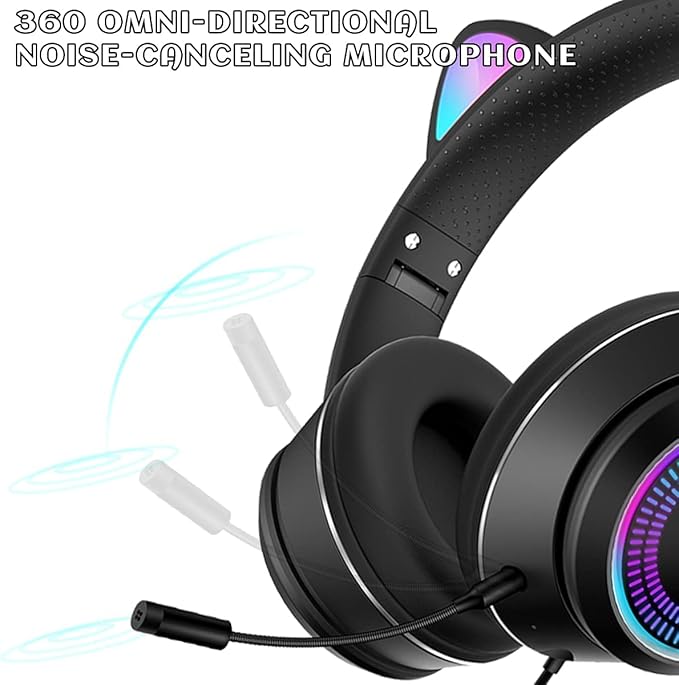 Cat Ear Gaming Headphones Wired AUX 3.5mm with LED Light, VIGROS Flashing Stereo Game Headphones Surround Sound Over-Ear Headsets with Microphone Fit Kids & Adult for PC, PS4, Switch, Mobile, Laptop