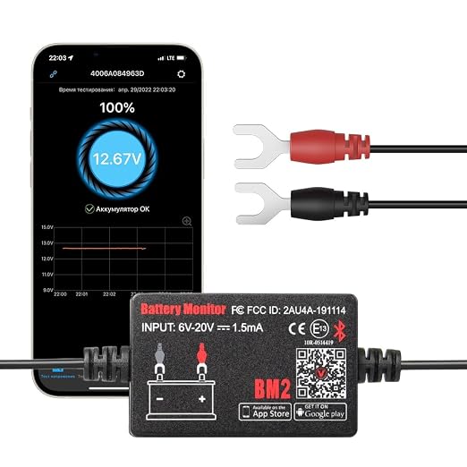 BM2 Bluetooth Battery Monitor 12V Car Battery Tester for Lead Acid Battery, LowVolt Alarm for All 12 Volts Solar Power Systems/RVs/Motorcycles/Boats/Cars Compatible with iPhone and Android