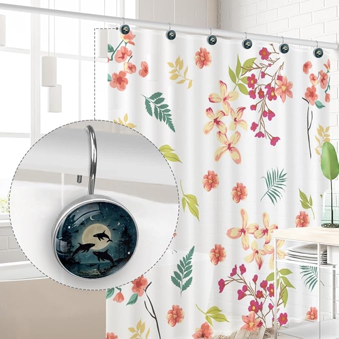 12 Packs Jumping Whales Shower Curtain Hooks, Stainless Steel Glass Shower Curtain Rings for Bathroom, Rustproof Metal Curtain Rod Hooks