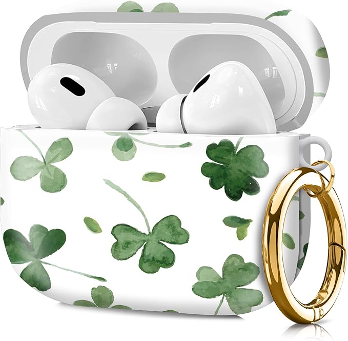 Compatible with Airpod pro 2nd/1st Generation Case Cover with Gold Round Keychain Cute Pattern Hard & Anti Slip Cover for Men Women & Girls（Green Leaves）