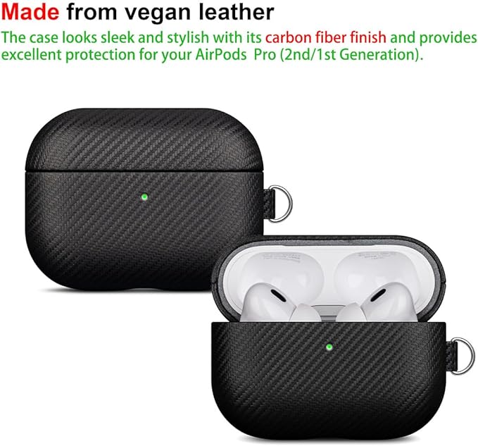 LOPIE Handmade AirPods Pro Case, Carbon Fiber Texture Vegan Leather Case with Keychain & Cleaner Kit, Protective Hard Shell Cover - Black