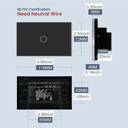 WiFi Smart Wall Light Switch, 3 Way Multi-Control, 2.4GHz Wi-Fi Touch Switch, Neutral Wire Required, Adapt with Smart Life/Tuya App, Compatible with Alexa and Google Home, Black 1 Gang