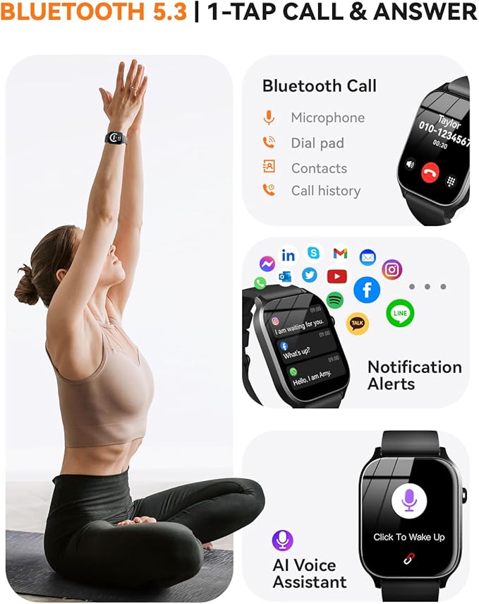 Smart Watches for Women Men, Fitness Tracker Watch with 110 Sports Modes, Step Counter/Sleep Monitor/Pedometer, IP68 Waterproof, Bluetooth Call & Music Control Smartwatch for iPhone/Android,Black