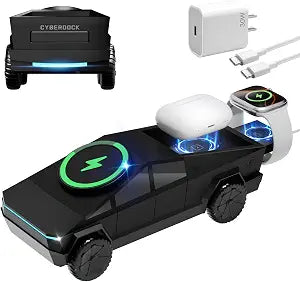 CyberDock 3-in-1 Wireless Charging Station, Cybertruck-Inspired 1:25 Scale Desk Charger, Qi2 15W Magnetic Stand for iPhone, Apple Watch & AirPods, Rotating Display, Ambient Light, 30W Adapter Included