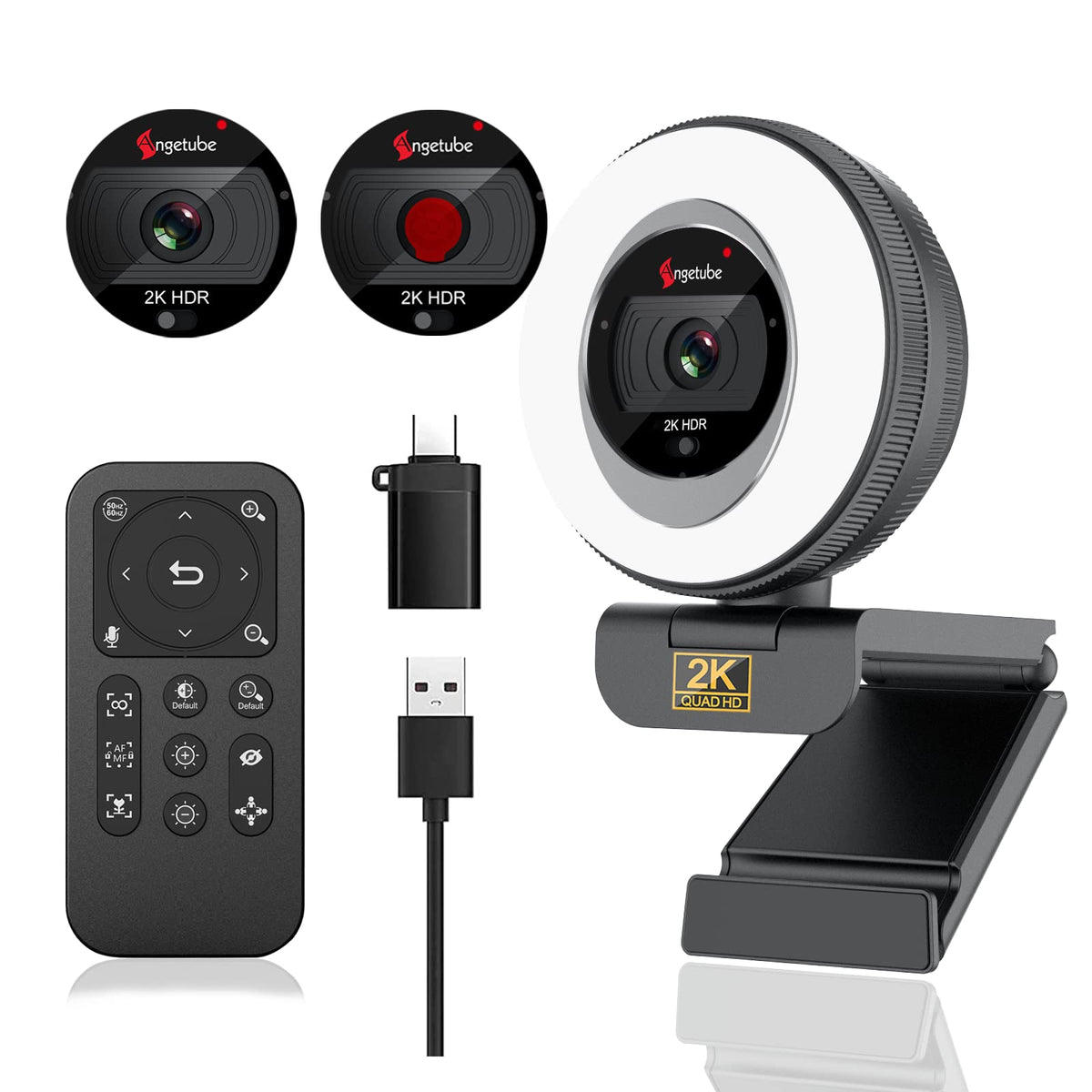 Angetube 2K Webcam for PC/Laptop/Mac, 1080P Computer Camera with RingLight
