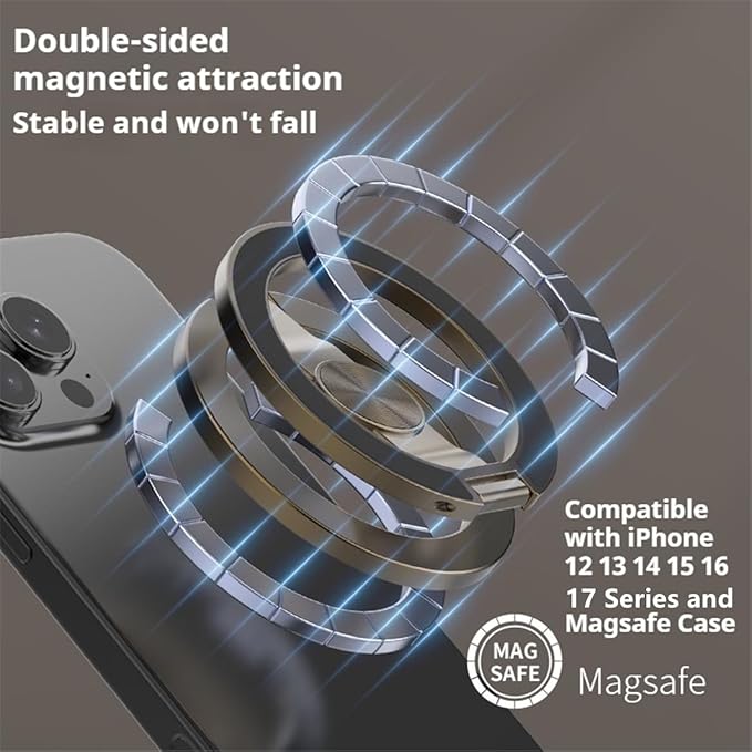 Dual-Sided Magnetic Phone Grip for MagSafe Ring Stand Holder Kickstand Compatible with MagSafe Magnets Accessories for iPhone 17 16 15 14 13 12 Pro Max Air Plus - Black