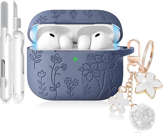 for Airpods Pro 3 Case with Magnetic Lid, Flower Engraved Case Cover Compatible with AirPods Pro 3rd Generation 2025, Soft Silicone Cases with Keychain & Cleaner for Women Girly, Shockproof