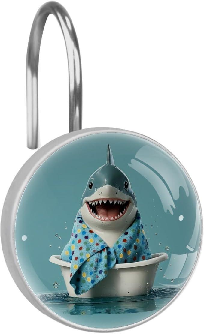 Bathing Cartoon Shark Shower Curtain Hooks Rings, Stainless Steel Rust Proof Shower Curtain Hooks, Decorative Shower Hooks for Bathroom Shower Rods Curtains, Set of 12