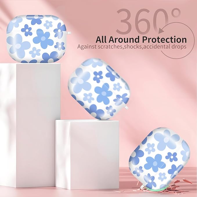 AirPod Pro 3 (2025) Case Cover for Women, Cute Shockproof TPU Protective Case with Gold Round Buckle, Anti-Drop Design Flower Blue