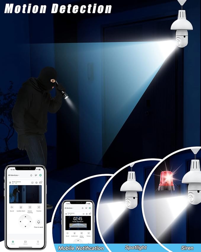 UPULTRA 2PK Light Bulb Security Camera,360° Wireless Security Cameras for Home Security Indoor&Outdoor,Motion Detection and Alarm,Two-Way Audio,Night Vision