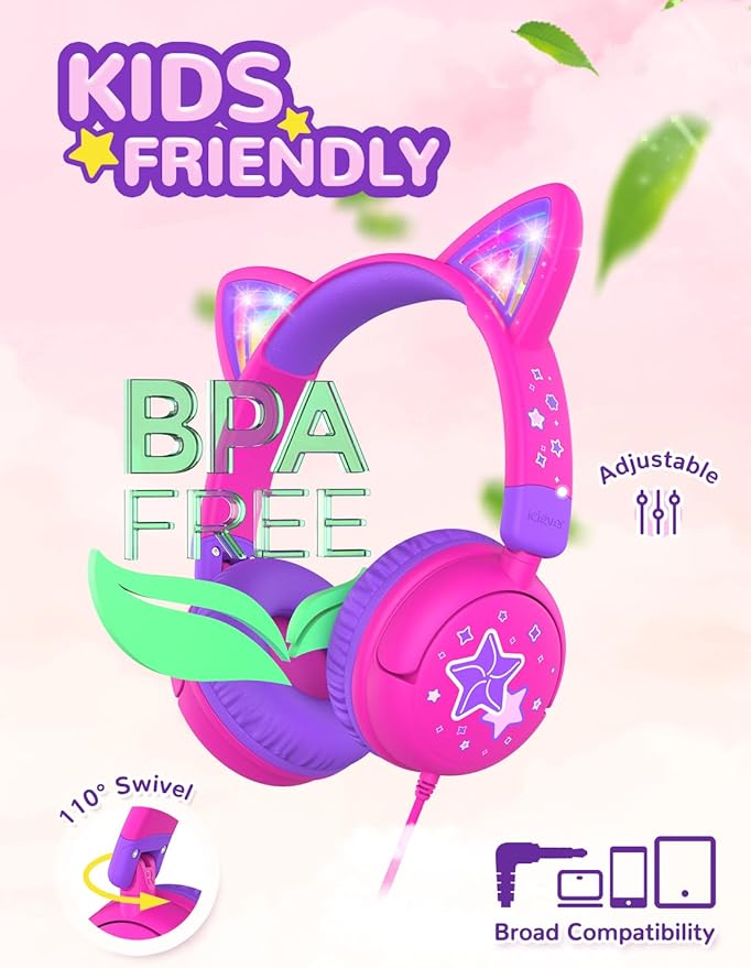 iClever Kids Headphones Cat Ear, LED Light Up, 85dBA Safe Volume, Stereo Sound Toddler Headphones for Travel School, Foldable 3.5mm Wired Kids Headphone for iPad Tablets, Meow Lollipop-Hot Pink