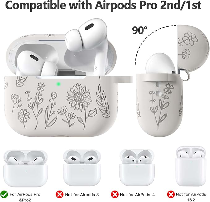 Flower Engraved Case for AirPods Pro 2 Gen with Clean Kit & Keychain, Soft Silicone Protective AirPods Pro 2 Case Cover for Apple AirPods Pro 2nd/1st Generation,Front LED Visible, Starlight