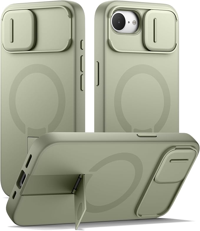 SURITCH for iPhone 17e/16e Case with Magnetic Camera Slide Cover and Adjustable Kickstand, Compatible with MagSafe, Shockproof Bumper Case Slim Protective Cover 6.1 Inch,Green