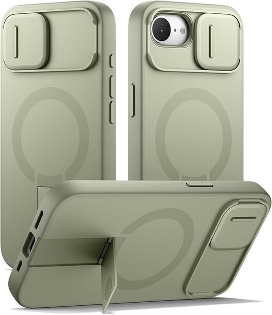 SURITCH for iPhone 17e/16e Case with Magnetic Camera Slide Cover and Adjustable Kickstand, Compatible with MagSafe, Shockproof Bumper Case Slim Protective Cover 6.1 Inch,Green