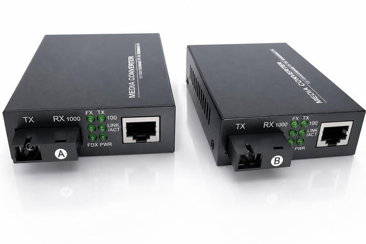 Elfcam® - 1 Pair Gigabit Fiber Ethernet Converters 1000M/100M/10M, SFP Media Converter Included, Up to 20KM Distance on Single Mode SC Fiber Optic (1 RJ45 Port *1 RJ45 Port)