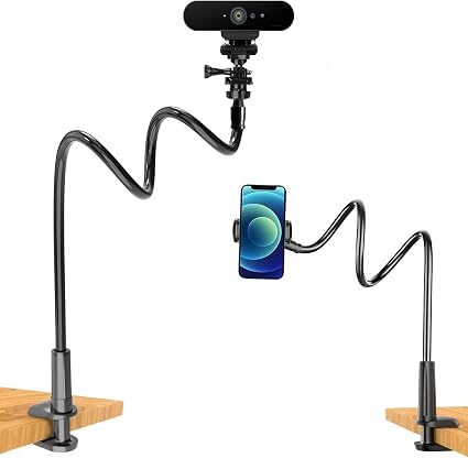 JCWINY Webcam Mount, Webcam Stand for Desk Flexible Gooseneck Computer Camera Stand Arm Clamp with Phone Holder Compatible with Logitech C930e C930 C920 C922x C922 Brio 4K C925e C615