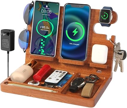 Nightstand Organizer with 4 Wireless Charger for 2 iPhone/Android Phone,Apple Watch,Airpod,Wood Phone Docking Station,27W Fast Wireless Charging Station,Wallet/Key Holder,Gift for Men Dad