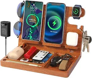 Nightstand Organizer with 4 Wireless Charger for 2 iPhone/Android Phone,Apple Watch,Airpod,Wood Phone Docking Station,27W Fast Wireless Charging Station,Wallet/Key Holder,Gift for Men Dad