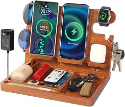 Nightstand Organizer with 4 Wireless Charger for 2 iPhone/Android Phone,Apple Watch,Airpod,Wood Phone Docking Station,27W Fast Wireless Charging Station,Wallet/Key Holder,Gift for Men Dad - Image 1