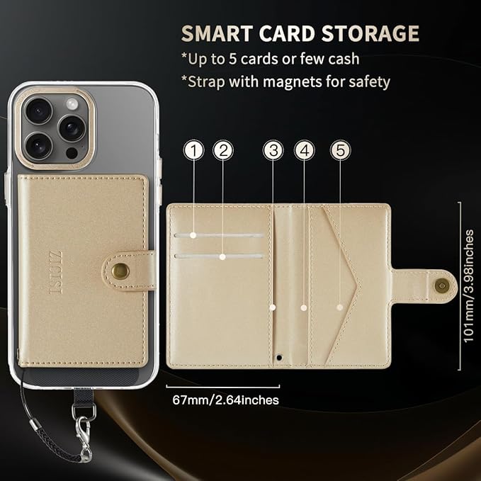 for Apple Magsafe Wallet,PU Leather Magnetic Wallet for iPhone 16/15/14/13/12 pro Max/Mini/plus,5 Card Holders with RFID Blocking (Gold)