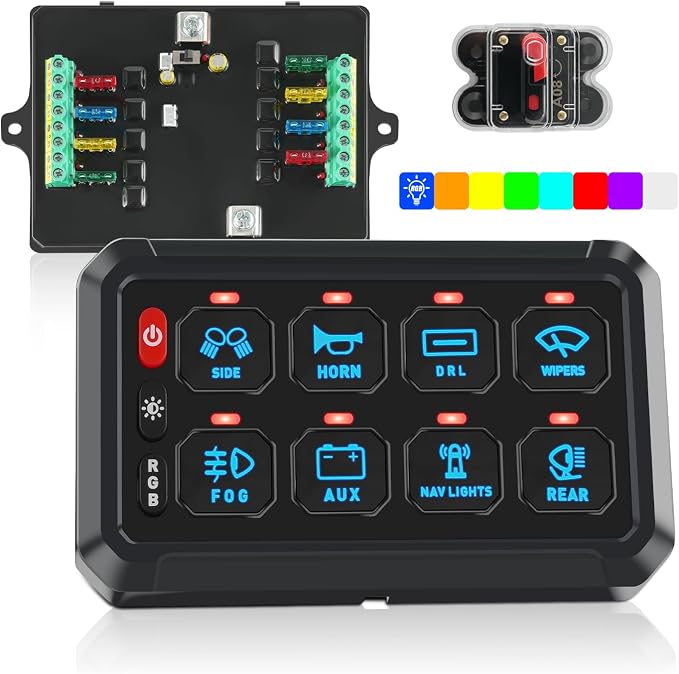 KISLED 8 Gang Switch Panel with RGB Button and Brightness Button for 5-Level Brightness Universal Automotive Circuit Control Relay Car Touch LED System Box, 2 Years Warranty