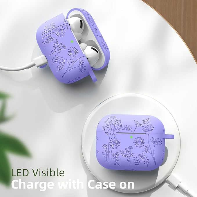 Lerobo Flower Engraved Cover for Airpods Pro 2nd 1st Generation Case USB C, Cute Soft Silicone Skin Full Protective Cover Compatible with Apple AirPods Pro/Pro 2 Case, Front LED Visible, Bluish Violet