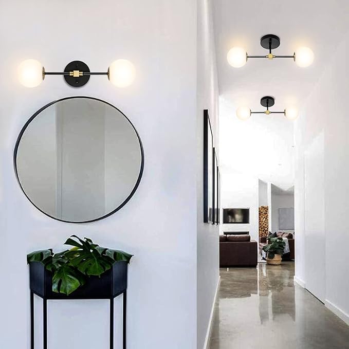 Modern Wall Sconce 2-Lights Industrial Mid Century Bathroom Vanity Wall Light with White Globe Glass Shade Gold & Black Finished Lighting Fixture