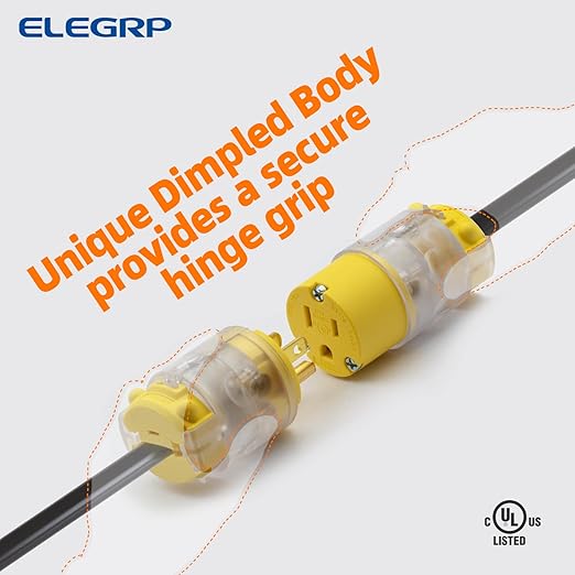 ELEGRP Lighted 15 Amp 125 Volt NEMA 5-15R 2 Pole 3 Wire Grounding Straight Blade Electrical Plug Replacement Cord Outlet Commercial Grade, Yellow, 1 Pack