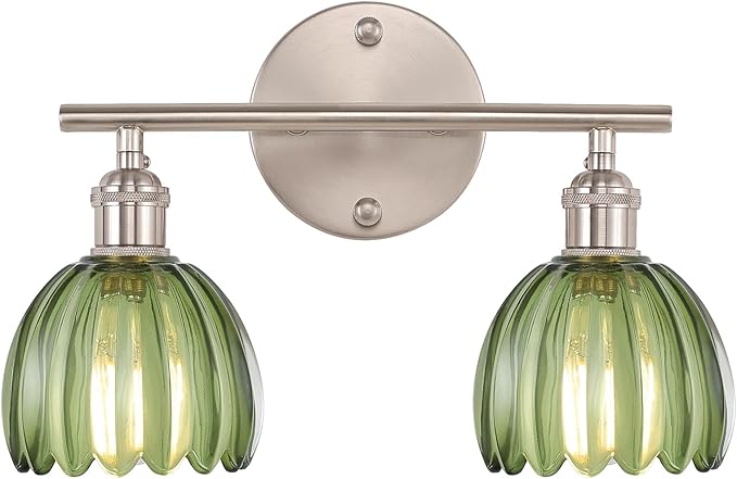 Bathroom Light Fixtures, 2-Light Vanity Wall Light Over Mirror with Green Tulip Glass Shade for Bedroom Living Room (Bulb Not Included), Satin Nickel