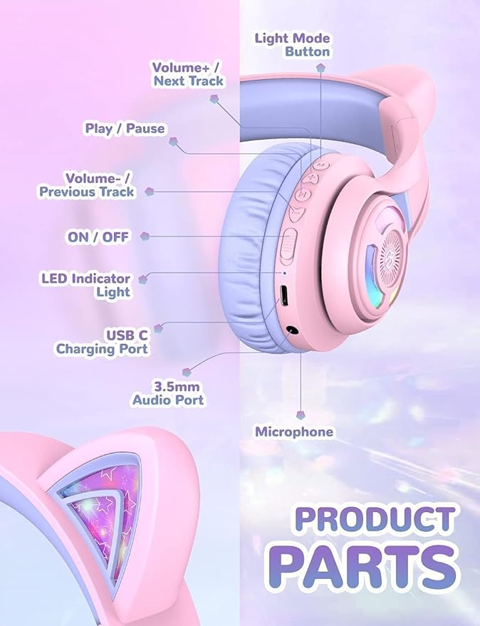 iClever Cat Ear Kids Bluetooth Headphones, LED Lights Up, 74/85dBA Safe Volume Limited, 50H Playtime,Bluetooth 5.2, USB C,Kids Headphones Wireless Over Ear for Travel iPad Tablet, Meow Macaron-Purple