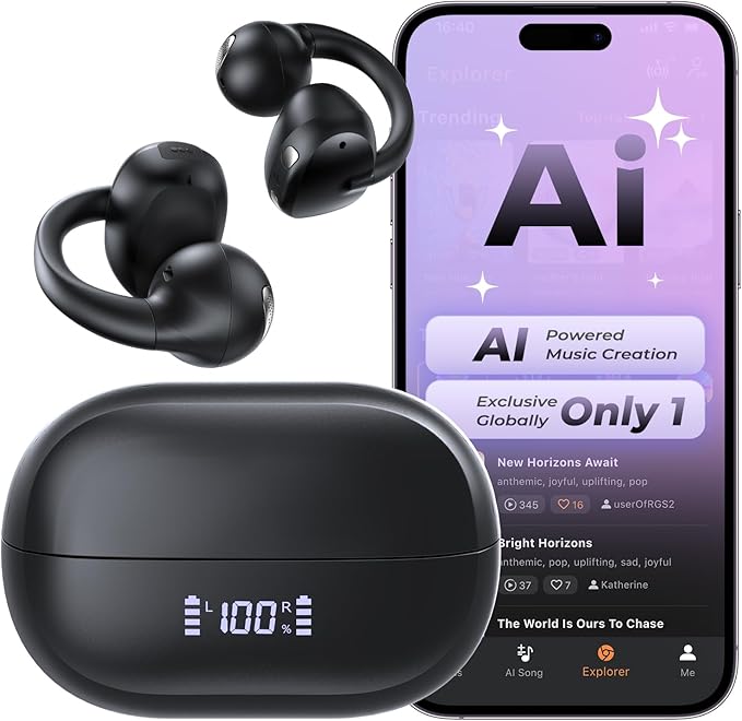 Open Ear Earbuds, Bluetooth 5.4 Bone Conduction Clip On Headphones AI Music Generator Wireless Earbuds, 4 Mics Clear Calls, 5.7g Ultra-Light, 30H Hi-Fi Stereo Playtime for Fitness, Black