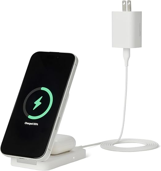 Amazon Basics MagSafe Compatible Wireless Charging Station, 25W Max. Fast Charging Qi2.2 Certified 2-in-1 Charger, Foldable Stand for iPhone 17/16/15/14/13/12 & AirPods, with 45W Max. Adapter, White