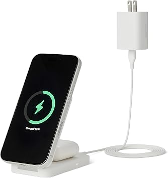 Amazon Basics MagSafe Compatible Wireless Charging Station, 25W Max. Fast Charging Qi2.2 Certified 2-in-1 Charger, Foldable Stand for iPhone 17/16/15/14/13/12 & AirPods, with 45W Max. Adapter, White