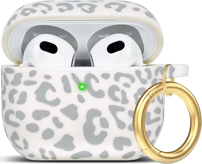 Silicone Leopard Compatible with AirPods 3 Case 2021, Gawnock Soft Case Compatible with AirPods 3rd Generation Floral Print Cover for Women Girls with Keychain (Beige Leopard)