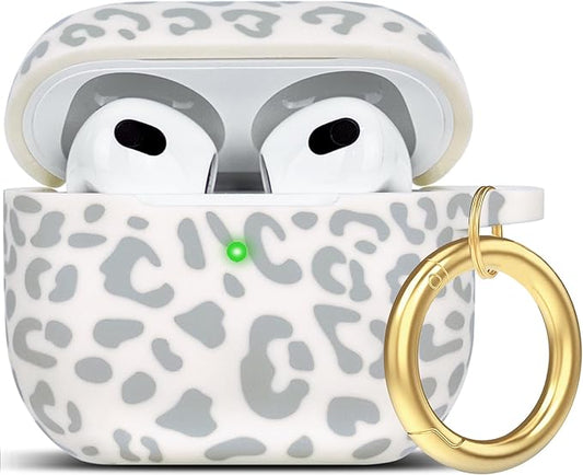 Silicone Leopard Compatible with AirPods 3 Case 2021, Gawnock Soft Case Compatible with AirPods 3rd Generation Floral Print Cover for Women Girls with Keychain (Beige Leopard)