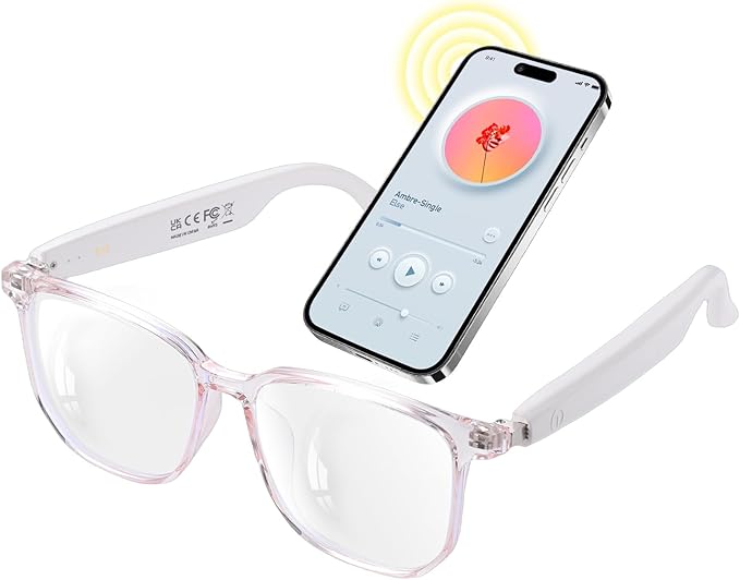 Smart Glasses for Women, Clear Frame Blue Light Glasses, Magnetic Charging, Open-Ear Design, Voice Assistant, Bluetooth Glasses with Speakers, Audio Eyeglasses for Working Gaming (GS03-C)
