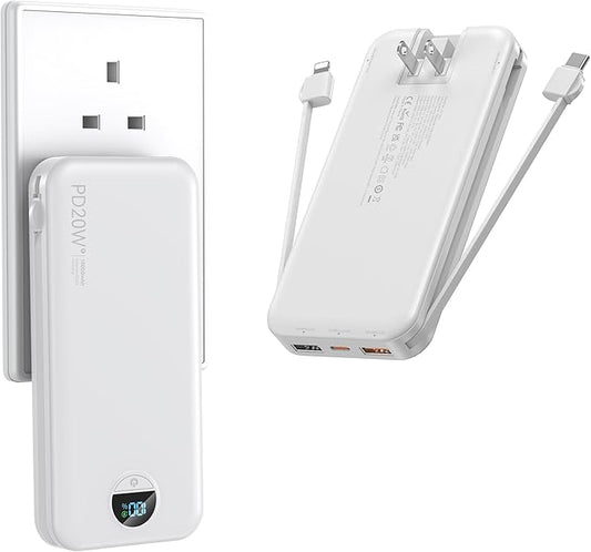 Portable Charger with Wall Plug, 10000mAh USB C Power Bank Fast Charging, External Battery Pack with Built in Cables, Digital Display, 5 Output 4 Input for iPhone Android Cell Phone Tablet