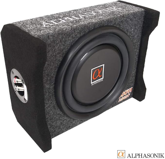 Alphasonik AS8DF 8 inch 600 Watts 4-Ohm Down Fire Shallow Mount Flat Enclosed Sub woofer for Tight Spaces in Cars and Trucks, Slim Thin Loaded Subwoofer Air Tight Sealed Bass Enclosure
