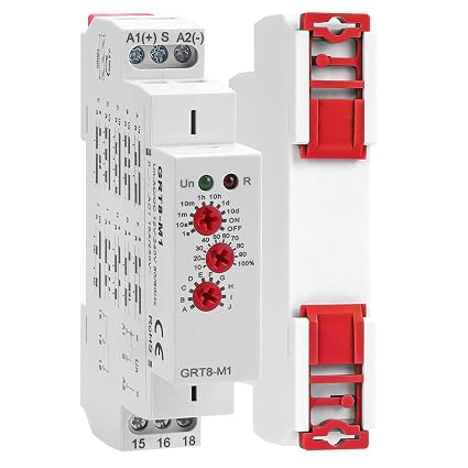 Multifunction Time Delay Relays AC DC 12V-240 Volt, 16A Mini Adjustable Timer Switch ON Off GRT8-M1, with 10 Electrical Timers Relay Control Delay Function for 1 Minute to 10 Days, DIN Rail Mount