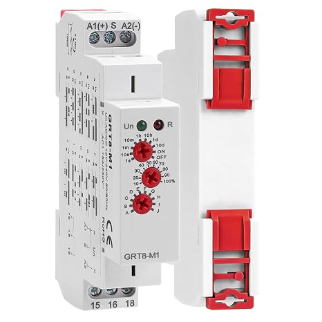 Multifunction Time Delay Relays AC DC 12V-240 Volt, 16A Mini Adjustable Timer Switch ON Off GRT8-M1, with 10 Electrical Timers Relay Control Delay Function for 1 Minute to 10 Days, DIN Rail Mount