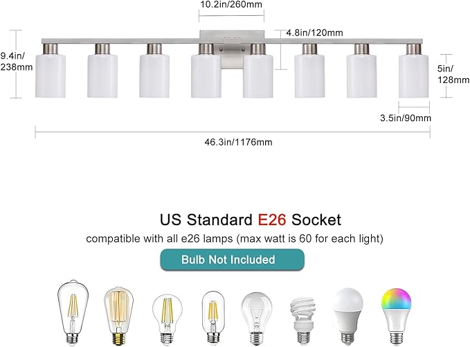 8 Light Bathroom Vanity Light, Brushed Nickel Bathroom Light Fixtures Over Mirror with Milky White Frosted Glass Shades, E26 Socket Modern Vanity Lights Wall Sconce for Bathroom Living Room Bedroom