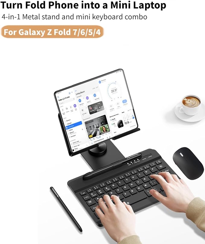 for Samsung Galaxy Z Fold 7 6 5 Trifold Stand and Keyboard, Aluminum Foldable Phone Stand Holder for Desk, 7.9 inch Mini Bluetooth Keyboard, 4 in 1 Portable Set Include Mouse and Pen